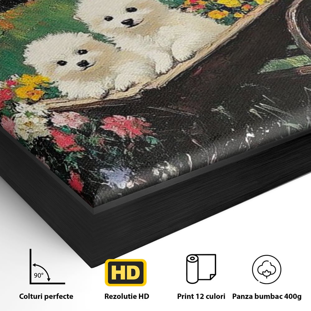 Detaliu al suprafetei: tablou canvas cu catelusi intr-o roaba, in rama de aluminiu negru